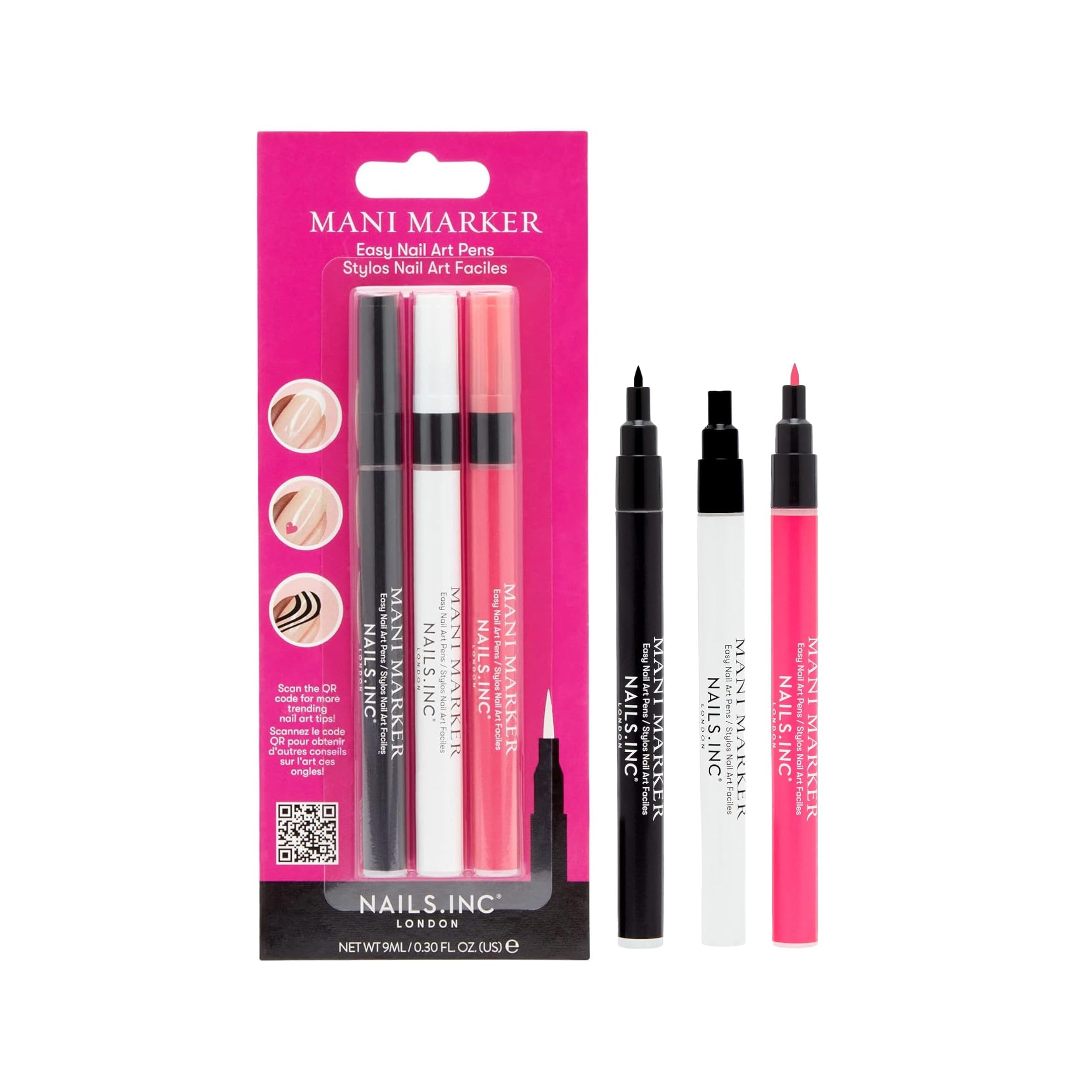 Nails.INC Mani Marker Trio, Easy to Use Nail Polish Art Pen With Precision Tip, Quick Drying, Cruelty Free, Vegan, Includes Bright White, Bubblegum Pink and Mascara Black