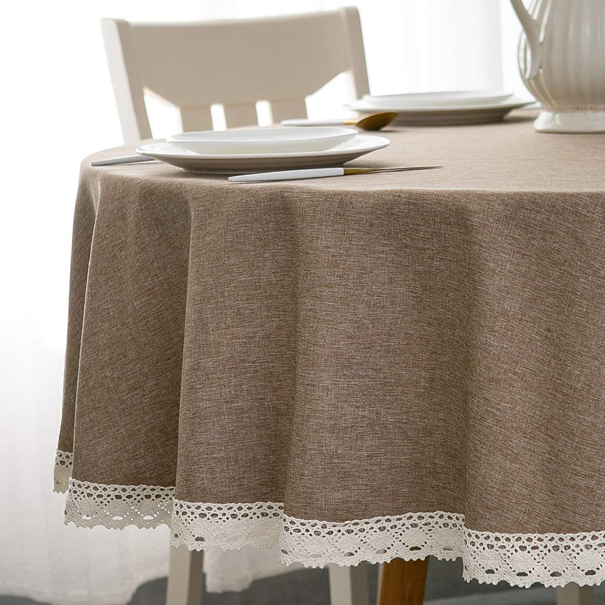 Photo 1 of EHouseHome Faux Linen Tablecloth with Lace Trim - Waterproof/Spill Proof/Stain Resistant/Wrinkle Free/Oil Proof - for Banquet, Parties, Dinner,Kitchen,Wedding,Coffee,Holiday,Flax,Round 70Inch