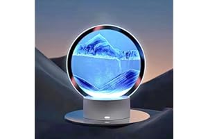 BRINGLED Moving Sand Art Liquid Motion, With Light (7 Color/Touch Control), Round Glass Quicksand Painting, 3D Flow Sand Art Picture - Relaxing Sensory Desktops Decoration for Home & Office (Blue Sand)