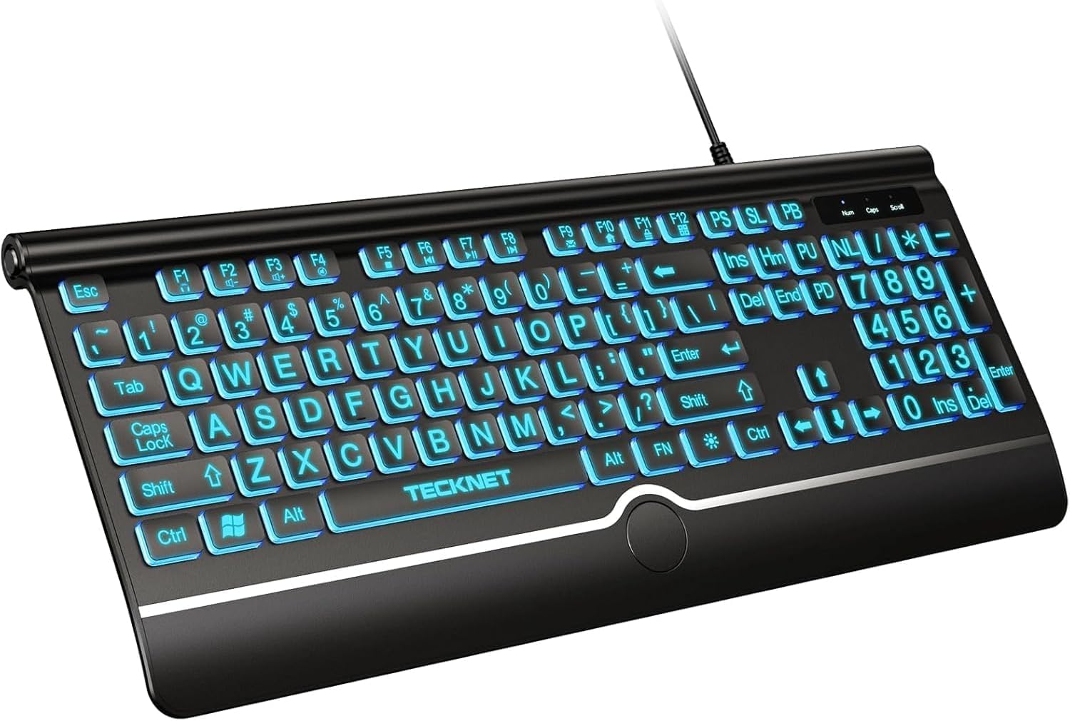 Photo 1 of TECKNET Large Print Backlit Keyboard, Wired USB-A Computer Keyboard with Wrist Rest, 7-Color Backlit, Oversized Letter Keys Easy to See, Plug-and-Play, Silent, Foldable Stands for Windows/PC/Laptop