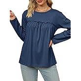 Cicy Bell Womens Babydoll Tunic Tops Pleated Long Sleeve Crew Neck Peplum Shirts Casual Loose Fit Flowy Blouse