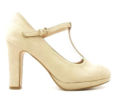 Damen Riemchen Mary Jane Pumps Plateau High Heels T-Riemen Blockabsatz 319
