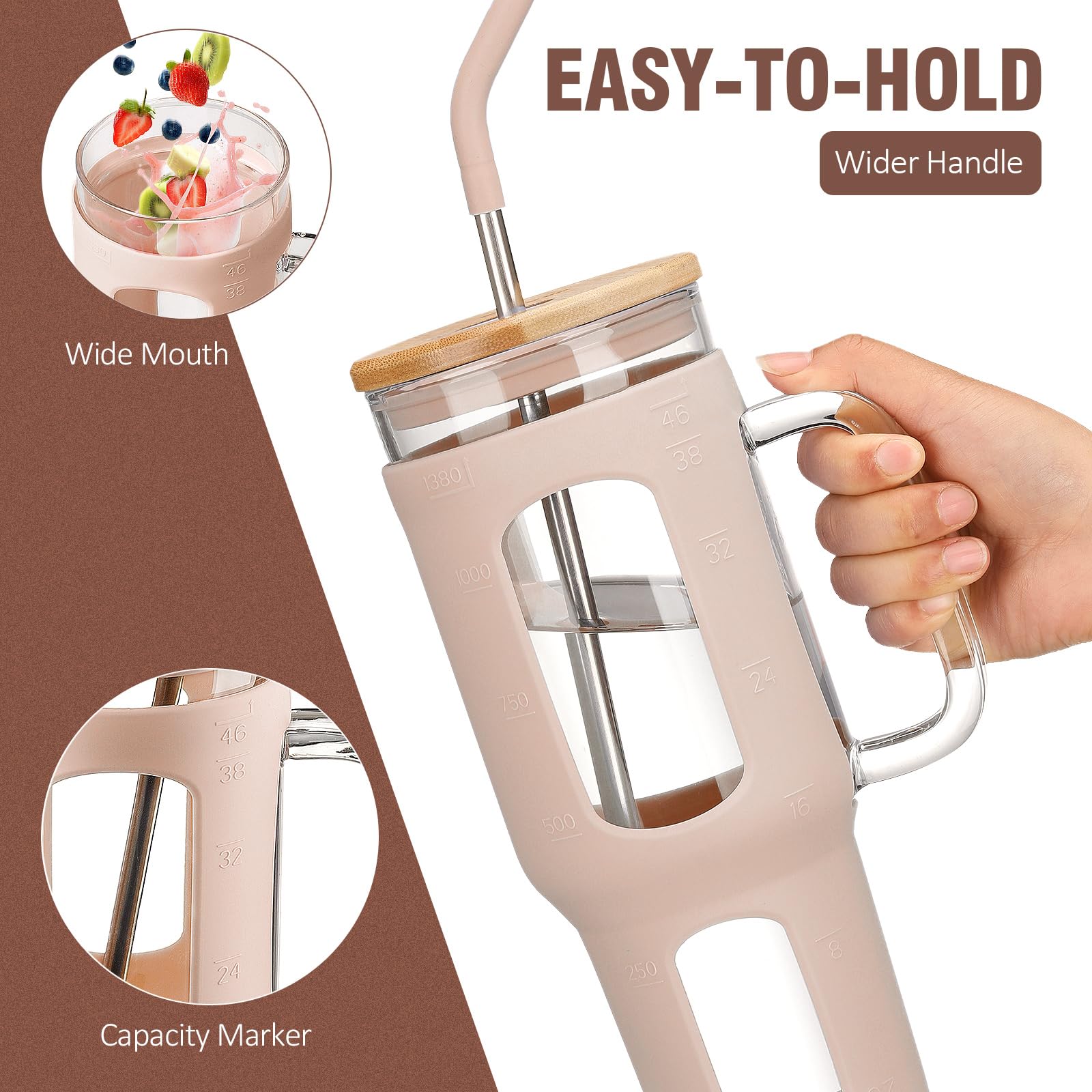 BLUEGO Tumbler becher mit Deckel und Strohhalmen, 1400ml Kaffeebecher To Go mit Henkel, Trinkbecher mit Silikonhülle, 1,4 L Tumbler becher mit 2 Strohhalmen, BPA-frei, Amber 2