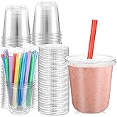 Ziliny 50 Sets Clear Cups with Lids and Jumbo Smoothie Straws Disposable Plastic Cups for Smoothies, Bubble Milk Tea, Milkshakes, Cold Drinks(12 oz)