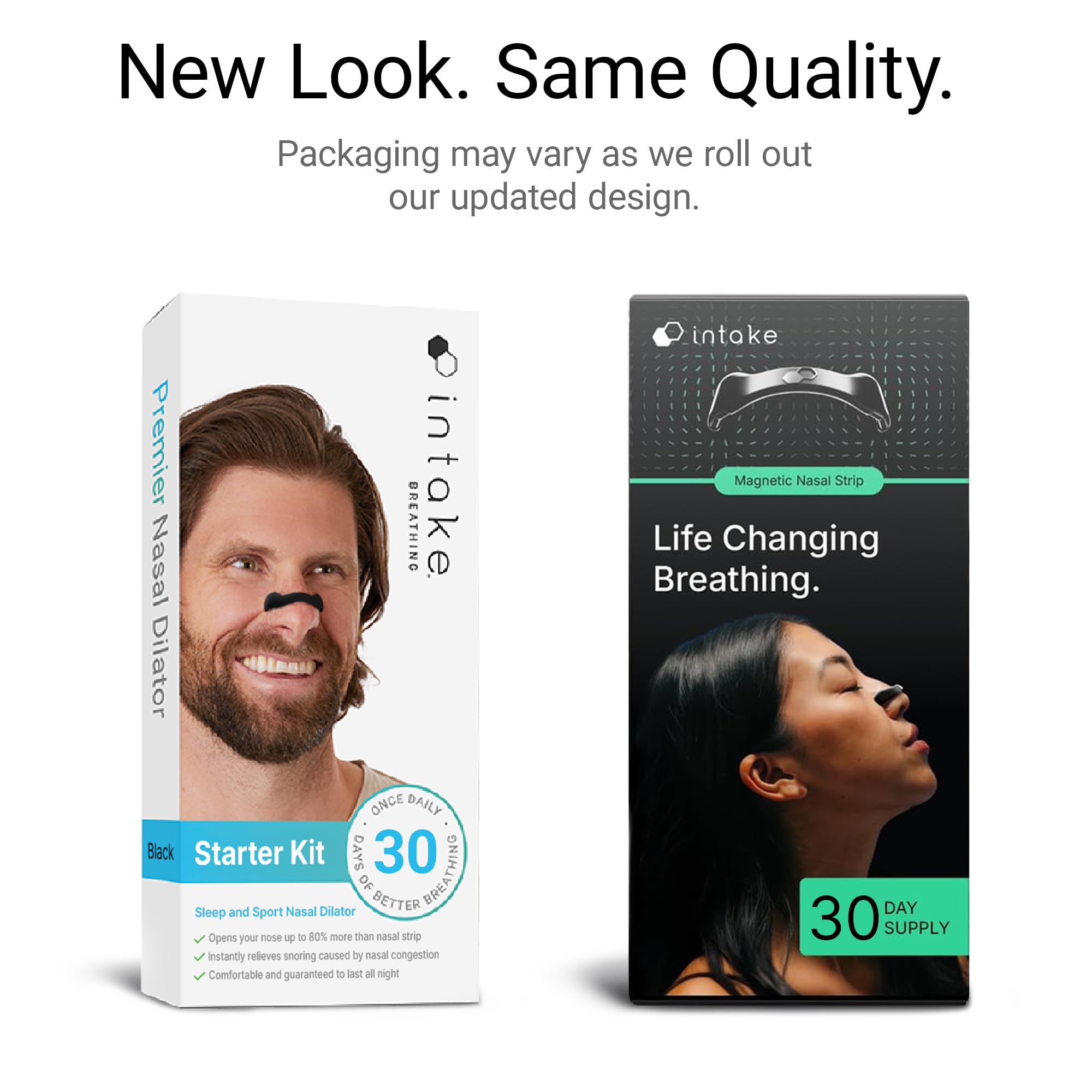 Intake Breathing Nasal Strip Starter Kit (30 Count, Black) - Boost Oxygen Intake, Reduce Snoring, Improve Sleep Quality - Sweat Resistant, Skin Safe Nasal Strips - Extra Strength Snoring Solution