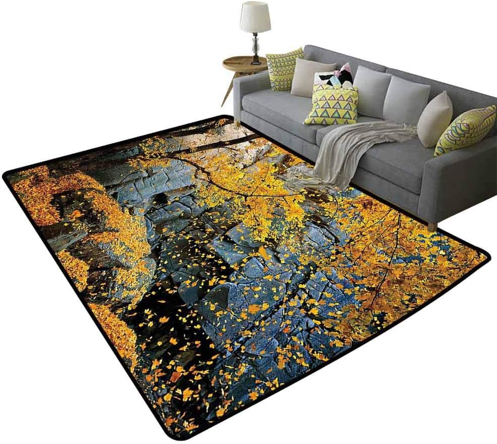Leaves Decor Outdoor Area Rugs Canadian Maple Trees Falling Leaves Down Surrounded by Scenic Rocks Stones Foliage Decor Playing on The Carpet Slate Blue Yellow, 4'x 6'(120x180cm)