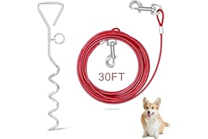 Relux Dog Tie Out Cable and Stake, 30FT Outdoor Dog Leash for Yard Training, Running, Hiking,Camping,with 16 Inch Heavy Duty Dog Anchor Spiral Stake for Small to Medium Dogs (Red，30FT)