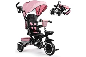 TODEFULL Folding Kids Tricycle, 8 in 1 Baby Trike W/Removable & Adjustable Canopy, Parent Handle, 5-Piont Safety Harness, Toddler Bike Stroller for Kids 1-6 Years, EVA Wheels, Storage Basket, Pink