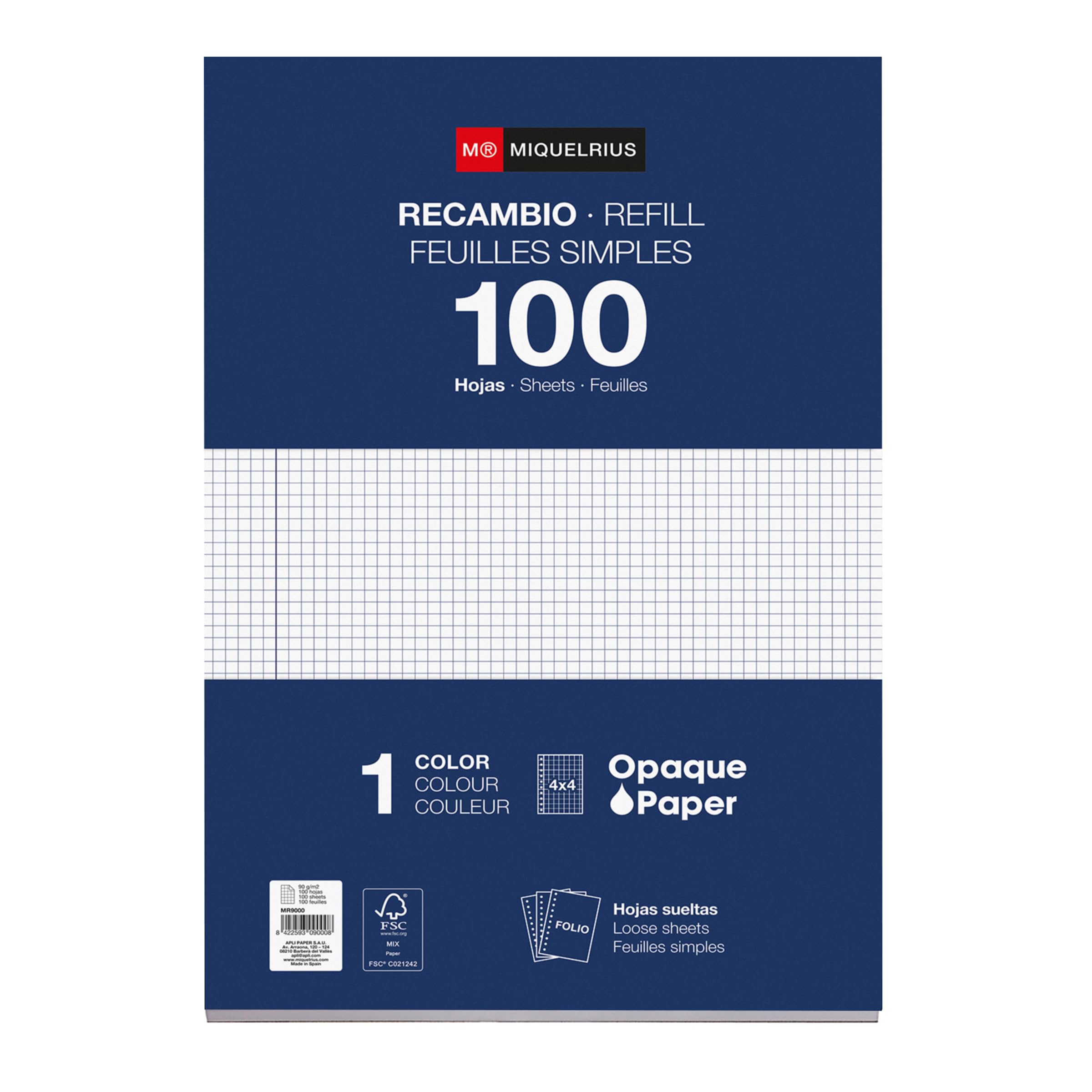 Miquelrius Refill 100 Sheets 4 mm Grid and Margin A4 Size, 4 Drills, 90g Paper 16 Drills Folio