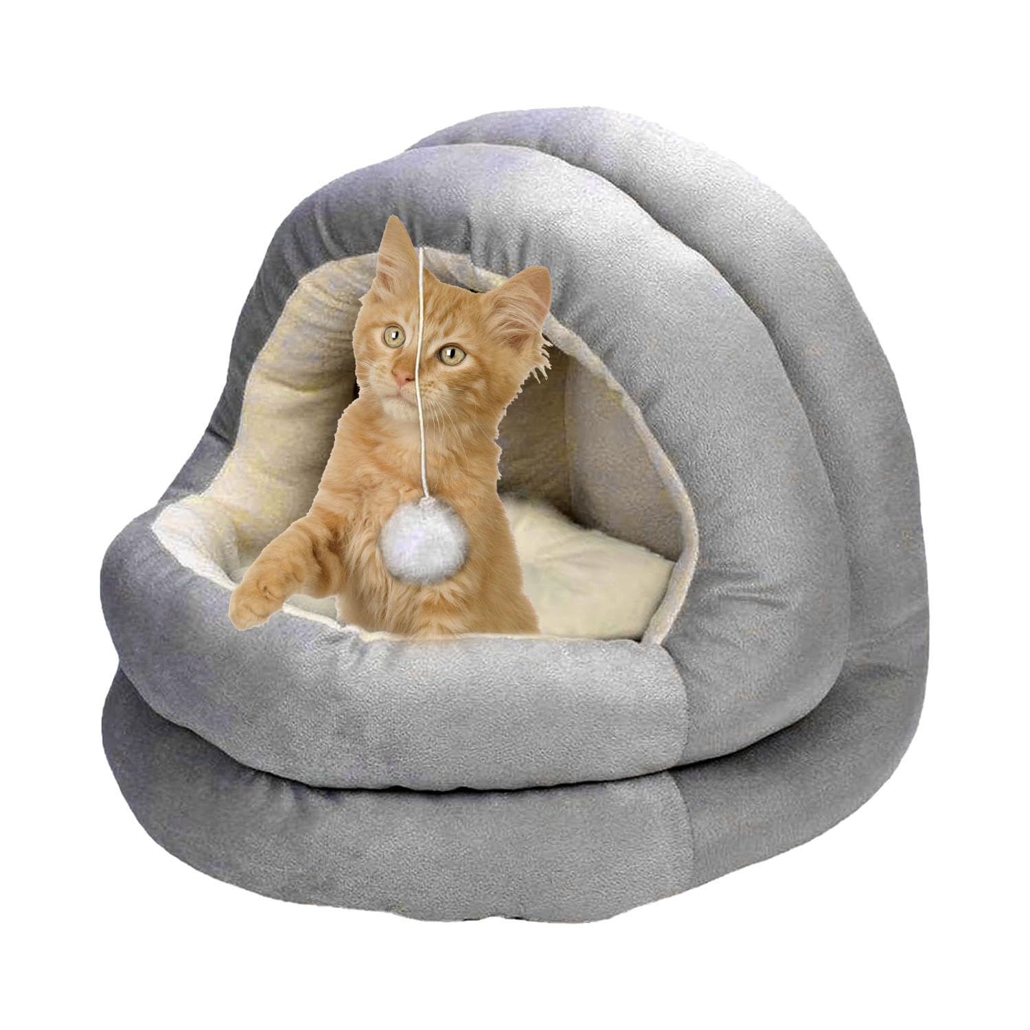 Kuvias Cat Cave Igloo - Enclosed Self Warming Tunnel Bed with Window, Dangling Toy & Detachable Cushion Pillow - Durable Grey Cat Bed Dome Igloo Tent for Indoor Use (Beige, 35x22x40cm)