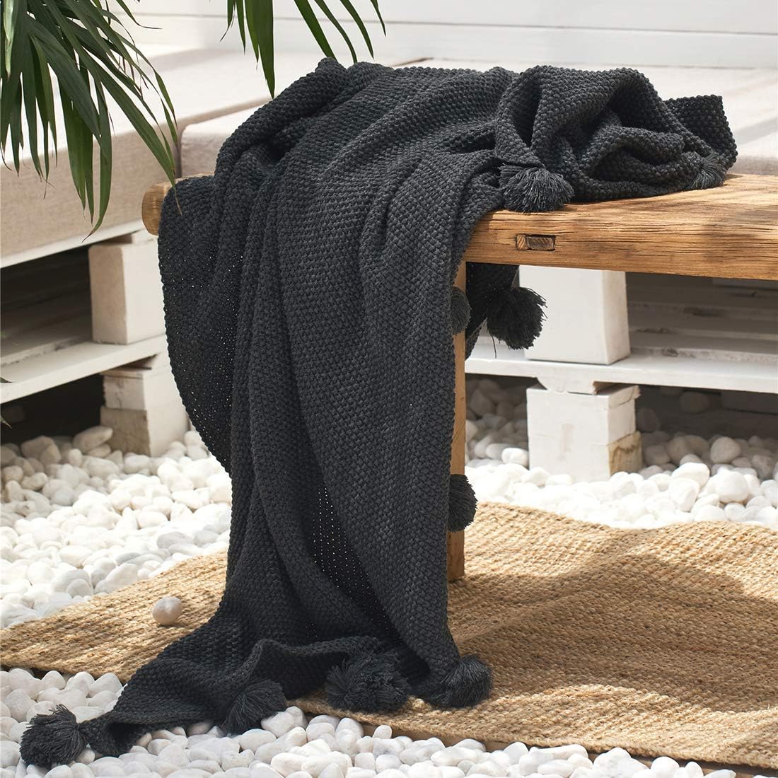 vctops Cable Knit Throw Blanket with Pompoms Warm Cozy Lightweight Farmhouse Decorative Blanket Couch Cover (Dark Grey,51"x63")