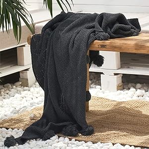 vctops Cable Knit Throw Blanket with Pompoms Warm Cozy Lightweight Farmhouse Decorative Blanket Couch Cover (Dark Grey,51"x63")