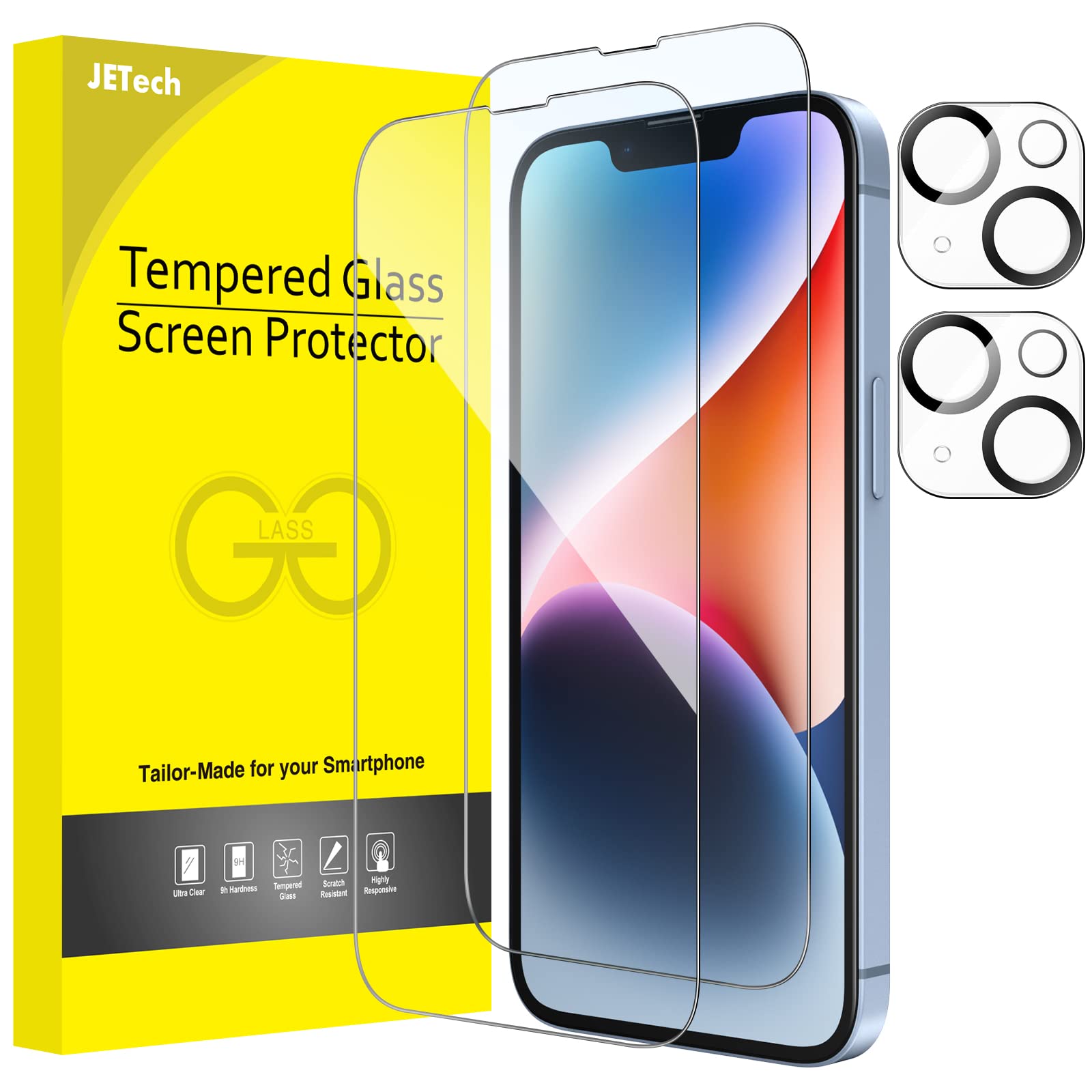 Photo 1 of JETech Full Coverage Screen Protector for iPhone 14 6.1-Inch with Camera Lens Protector, Tempered Glass Film, HD Clear, 2-Pack Each