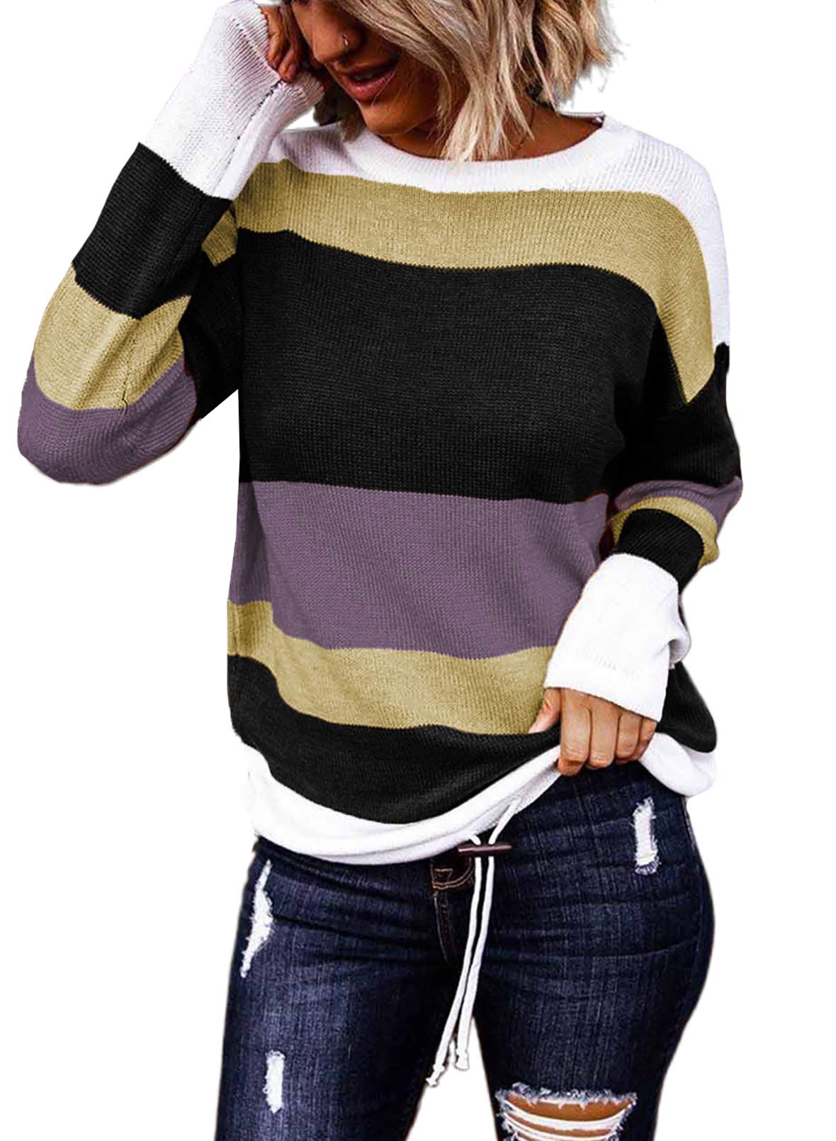 Photo 1 of Dokotoo Lightweight Cashmere Halloween Sweaters for Women Long Sleeve Crewneck Striped Pullover Knit Tops Plus Size Dressy Casual Pullover Sweaters 2025 Fashion Purple