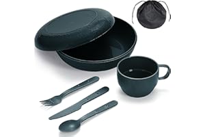 Berglander Camping Mess Kit with Bowl, Plate, Cup, Spoon, Fork, Knife and Carry Bag, Plastic Camping Accessories Essentials Gear for Travel, Camping, Picnic, Outdoor, Easy to Carry & Store