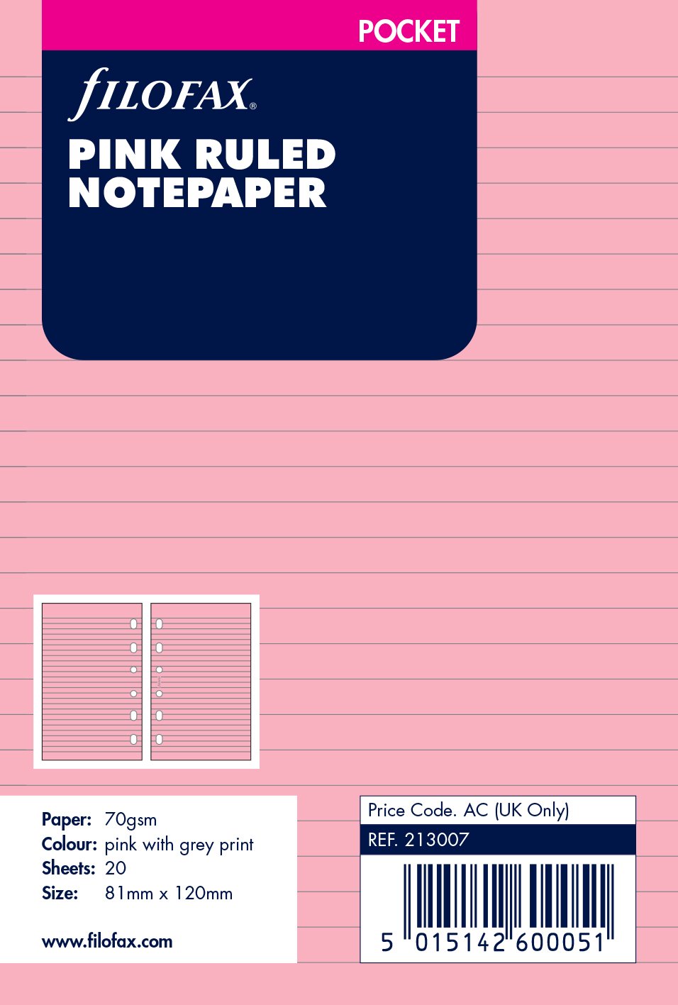 Filofax Pocket Pink Ruled Notepaper
