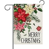 Dyrenson Merry Christmas Poinsettia Flower Decorative Garden Flag, Xmas Floral Pine Cone Holly Red Berries Yard Outside Home Decoration, Winter Holiday Burlap Outdoor Small Decor Double Sided 12 x 18