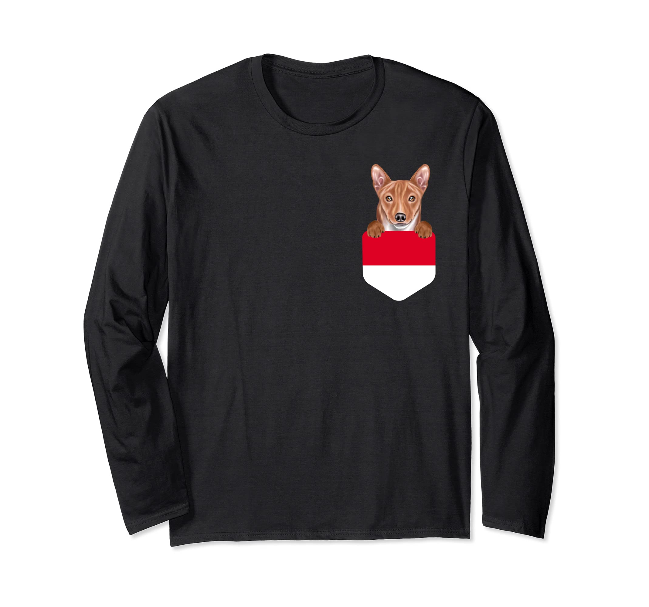 Indonesia Flag Basenji Dog In Pocket Long Sleeve T-Shirt