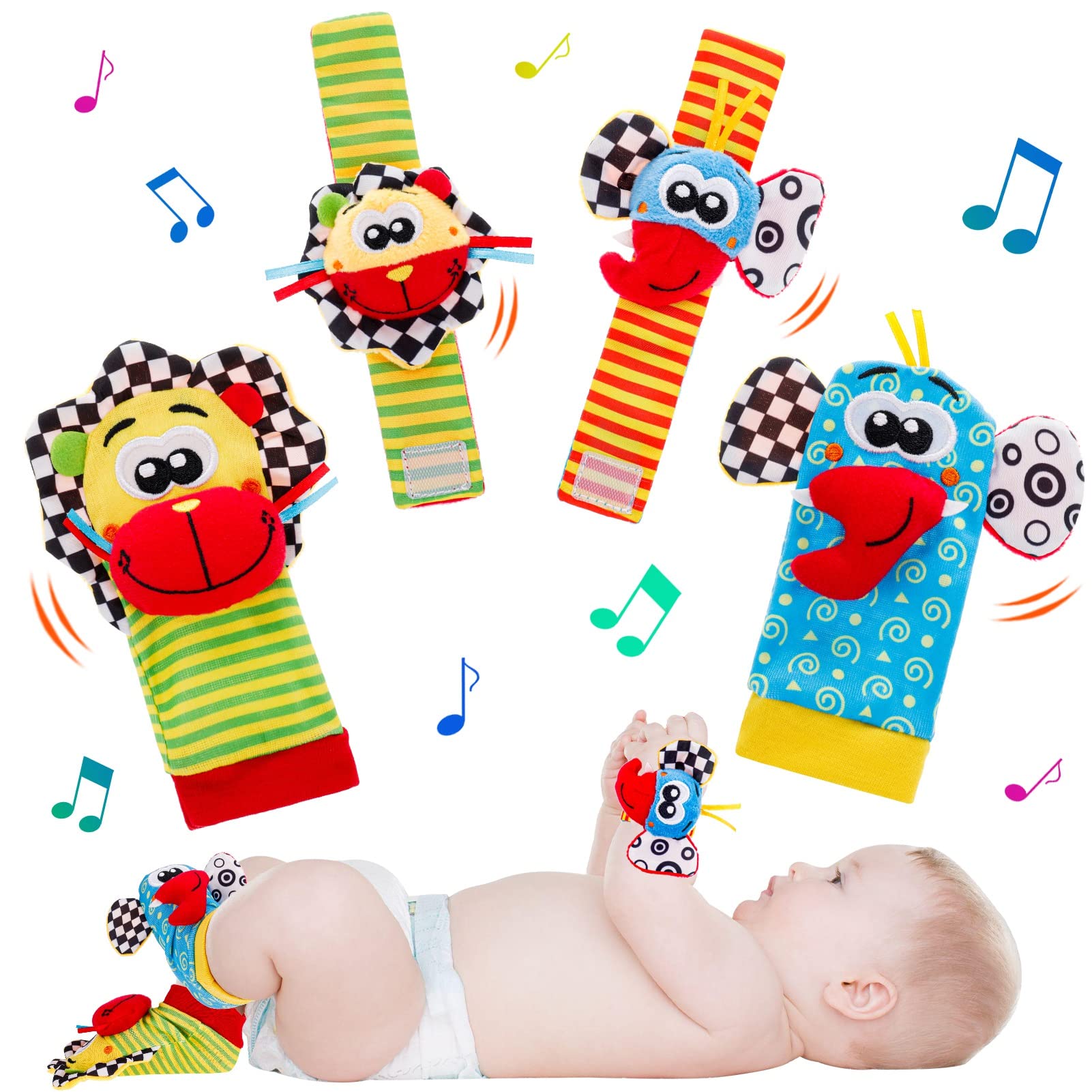 QINREN Baby Foot Finder Socks & Wrist Rattles, Soft Animal Rattle Development Toy for Babies 0-6 Months