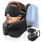 YFONG Travel Pillow for Long Flight Airplanes, Head Strap Combo with 3D Contoured Eye Mask for Sleep, Neck Pillow for Car Trip Essential, 360° Support Memory Foam Headrest, Prevent Head Bobbing, Black