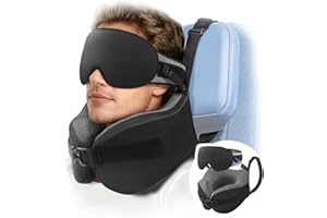 YFONG Travel Pillow for Long Flight Airplanes, Head Strap Combo with 3D Contoured Eye Mask for Sleep, Neck Pillow for Car Trip Essential, 360° Support Memory Foam Headrest, Prevent Head Bobbing, Black