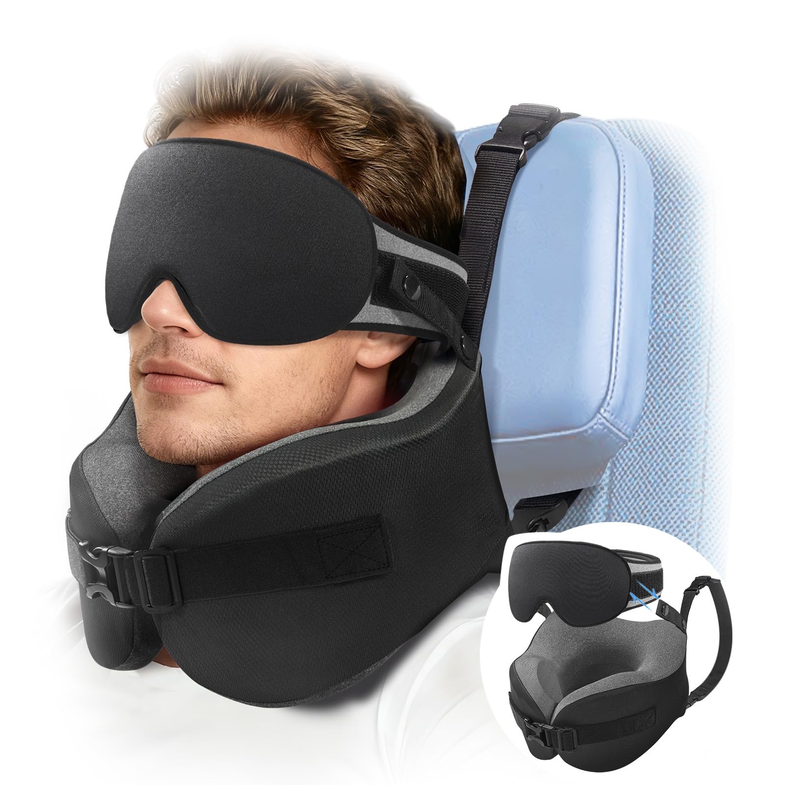 Photo 1 of YFONG Travel Pillow for Long Flight Airplanes, Head Strap Combo with 3D Contoured Eye Mask for Sleep, Neck Pillow for Car Trip Essential, 360° Support Memory Foam Headrest, Prevent Head Bobbing, Black
