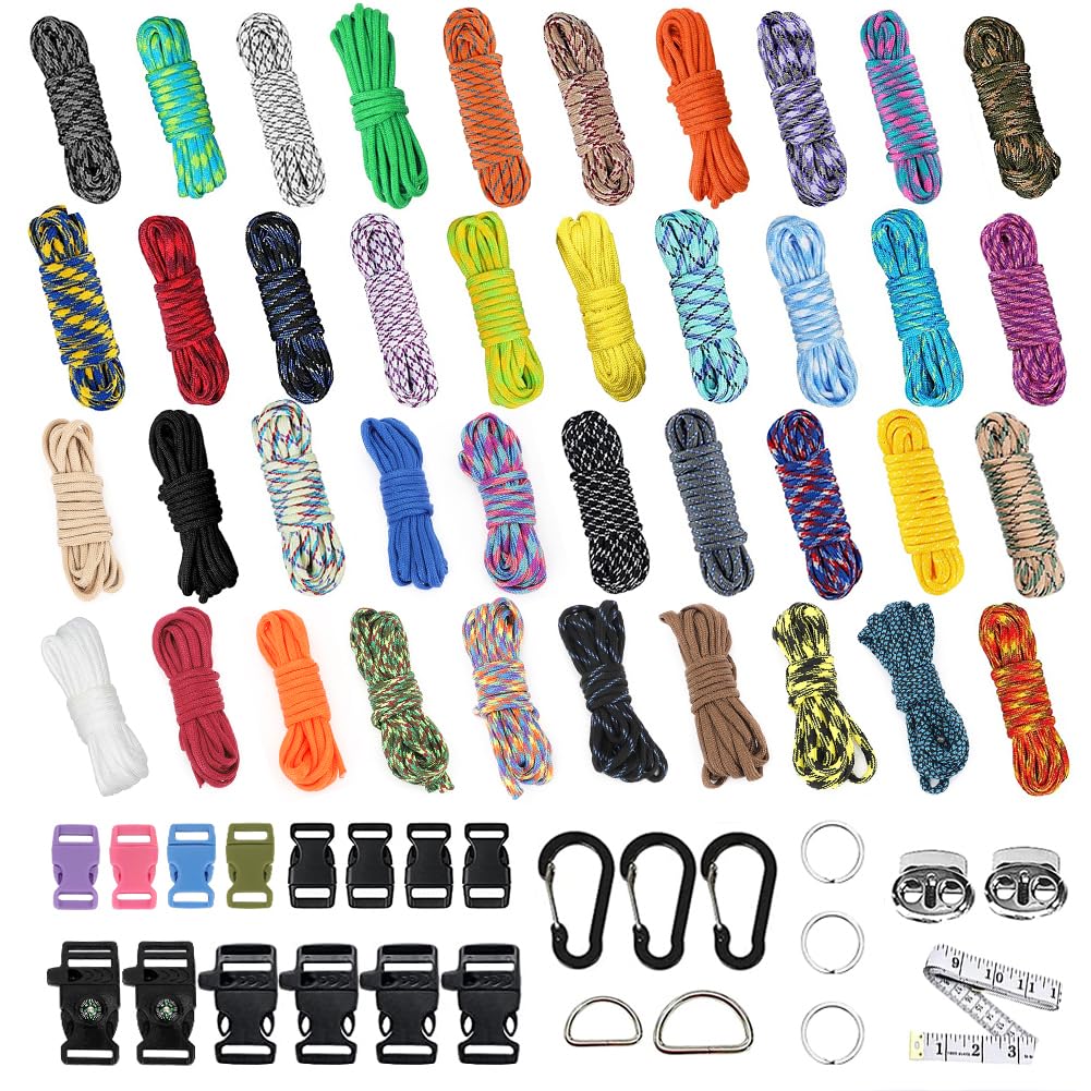 Paracord 550 Set 40 Colours, Multifunctional Nylon Rope, Buckles with Needles for Making DIY Bracelet, Dog Lead or Collar, Lanyard, Key Fob