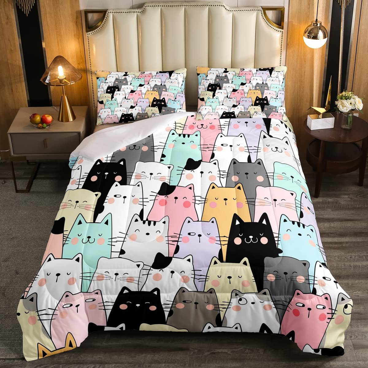 Cat Duvet Set Kids Cute Kitten Pet Bedding Set for Kids Boys Girls Lovely Funny Cats Animal Colorful 3Pcs Double Size