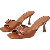 Goiphrri Kitten Heels for Women Heeled Sandals with Buckle Strap Sandal Open Toe Heels Slip On Summer Mules for Women Fashion Trendy