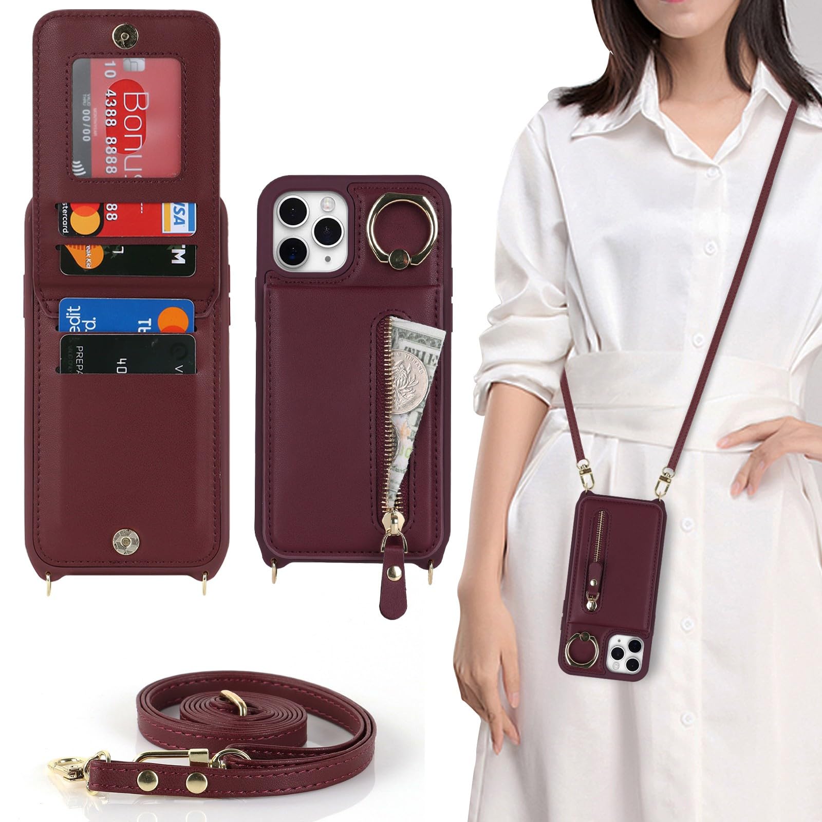 Zouzt for iPhone 11 Pro Case with Cord and Card Holde, Zipper Wallet Case with Crossbody Lanyard Ring Adjustable Necklace Protective Cover Women for iPhone 11 Pro 5.8 Inch - Burgundy
