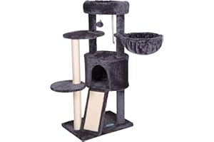 Hey-brother Cat Tree with Scratching Board, Cat Tower with Padded Plush Perch and Cozy Basket, Multi-Platform for Jump, Smoky Gray MPJ005G