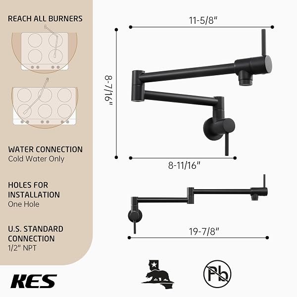 KES POT FILLER FOLDING KITCHEN FAUCET DOUBLE JOINT SWING ARM SINK FAUCET ARTICULATING WALL MOUNT TWO HANDLE SINGLE HOLE, MATTE BLACK, CUPC NSF CERTIFIED LEAD-FREE, KN926LFF18-BK