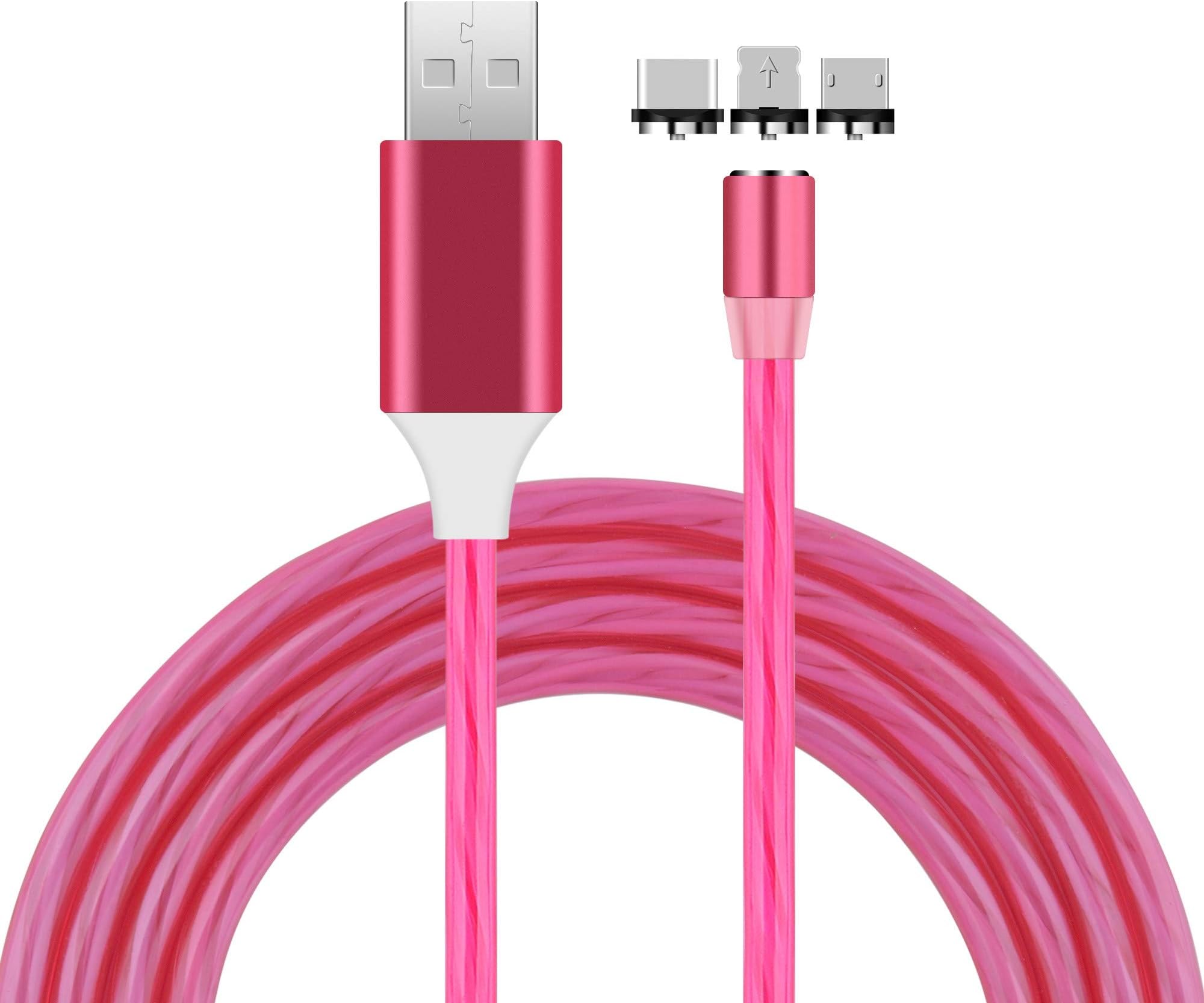 Distinct® 1m 3 in 1 Luminous Magnetic Cable Micro USB/Type C/iOS - Round Plug LED Flash USB Charging Cord Compatible with Kindle, Speaker, Tablet, Android iOS All Phone Device (Red)