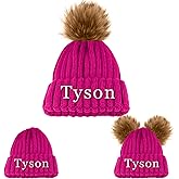 Custom Winter Beanie Hat, Customized Name Pom Pom Beanies Cap, Matching Knitted Hats for Baby Kid Adult