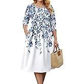 IN'VOLAND Women Plus Size 3/4 Sleeve Dresses Summer Casual Loose Flowy A-line Midi Dress with Pockets Vacation Boho Sundress