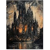 Gothic Victorian Castle Wall Art Vintage Dark Academia Oil Painting Poster Retro Mid Century Goth Vampire Forest Canvas Prints for Living Room Bedroom Wall Decor 12x16 inch Unframed
