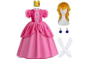 Enccfoeo Princess Peach Costume Dress Girls Kids with Crown Wig Gloves and Earrings Super Brother Cosplay Halloween Costumes