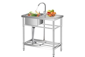 Freestanding Double Bowl Utility Sink with Faucet & Workbench, Commercial Stainless Steel, Hot & Cold Water Hookup, Storage S