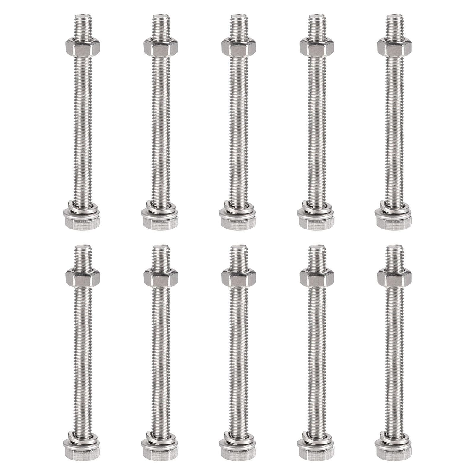 TOP-VIGOR 10Pcs M6 x 70mm Hex Head Screws Bolts, Nuts, Flat & Lock Washers Kits, 304 Stainless Steel Fully Thread Hexagon Bolts for DIY Bike Motorcycles Repair
