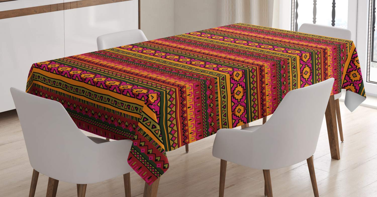 ABAKUHAUS Aztec Tablecloth, Funky South American Style Vintage Peruvian Motifs Vibrant Primitive Folk Hippie, Dining Room Kitchen Table Cover, 54" x 94", Red Orange