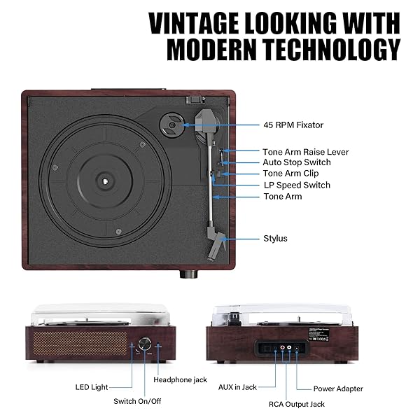 VINYL RECORD PLAYER TURNTABLE WITH BUILT-IN BLUETOOTH RECEIVER & 2 STEREO SPEAKERS, 3 SPEED 3 SIZE PORTABLE RETRO RECORD PLAYER FOR ENTERTAINMENT AND HOME DECORATION