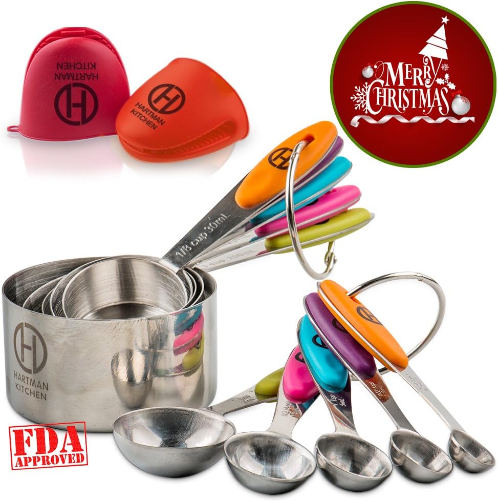 HARTMAN KITCHEN Measuring Cups & Spoons Set of 10 for Wet & Dry Ingredients. Stackable, Rust Proof, Stainless Steel Cups w/ Anti-Slip Colored Silicone Handles & Etched Measurements. Plus Bonus Gloves!