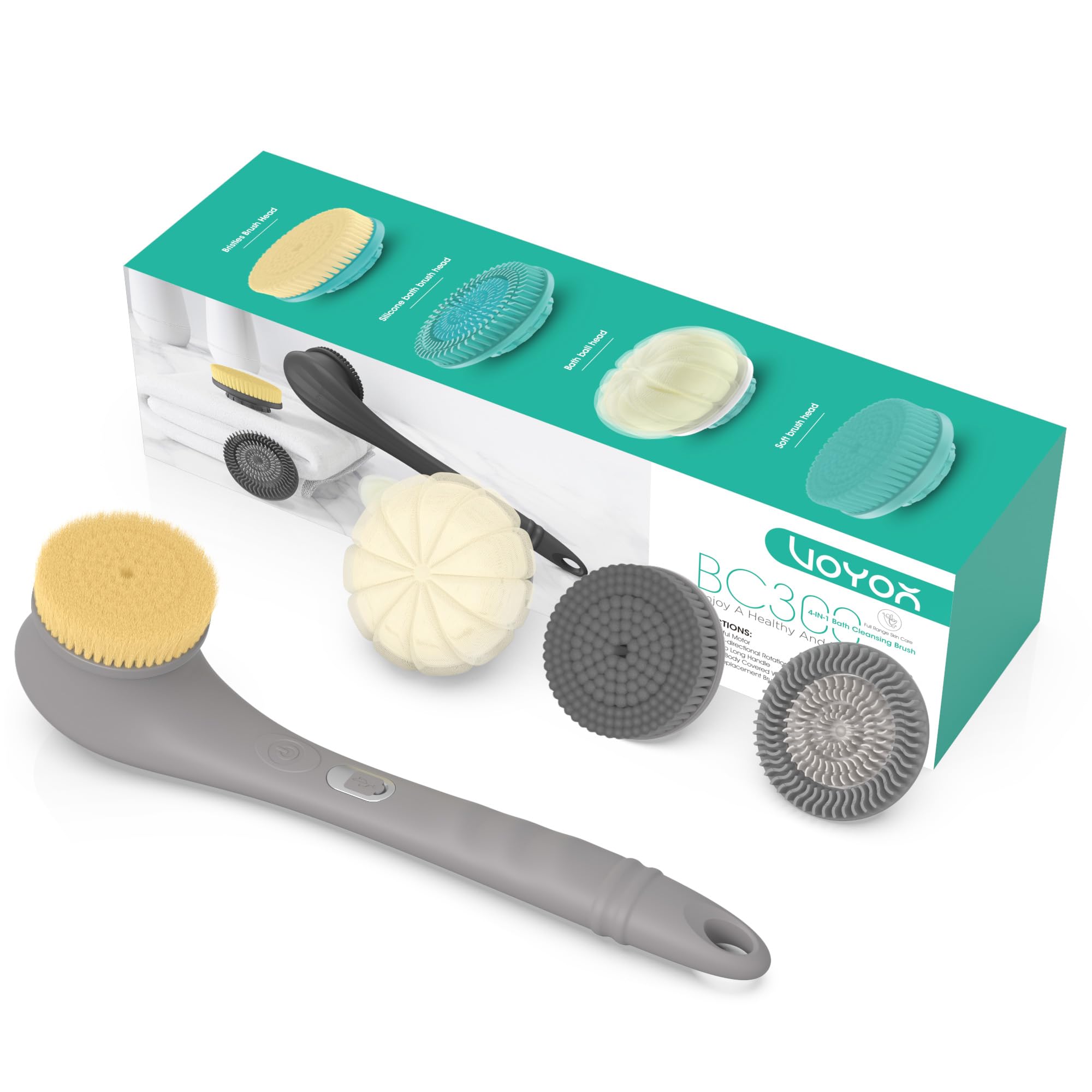 VOYOR Electric Body Scrubber - Two-Way Rotating Brush Head, 4 Accessories, IPX6 Waterproof, Rechargeable Cordless, Long Handle Bath Brush BC300 (Grey)