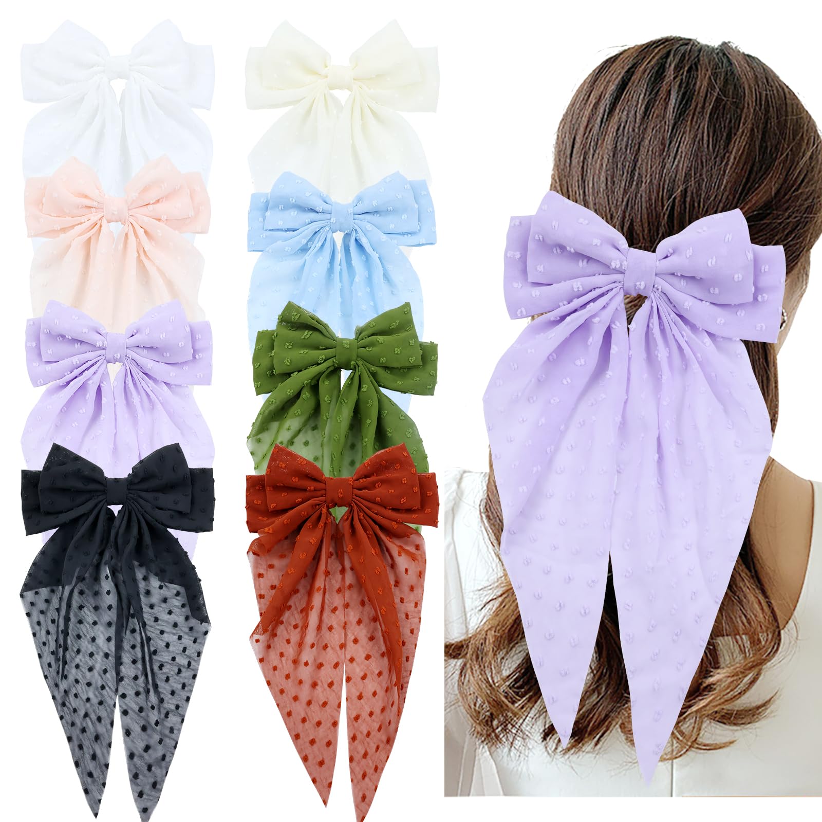 Cinaci 8 Pieces Fancy Chiffon Large Big Oversized French Barrettes Bow Hair Clips with Long Tail Non Slip Spring Clip Hair Bows Grips Accessories for Women Girls Teens Thin Thick Hair