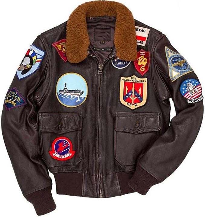 G1 Bomber Maverick Aviator Air Force Real Sheepskin Leather Fur Collar Flight Jacket with 