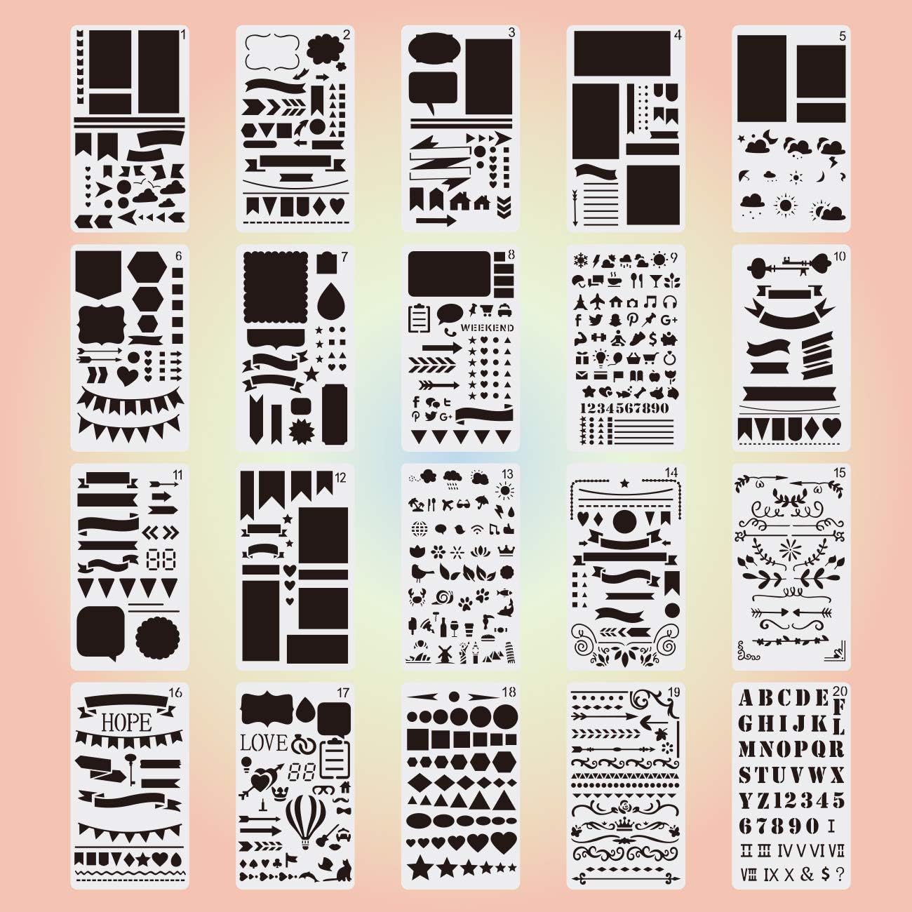 Bullet Journal Stencils Plastic Planner Set, 20 Pieces DIY Alphabet Letter Painting Drawing Template for Notebook Diary Scrapbook Craft Projects Schedule Book (4 x 7 inch)
