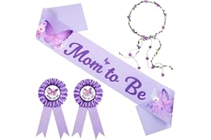 Crumisy Mom to Be Sash Dad to Be Pin Baby Shower Decorations for Girls, Butterfly Mommy to Be Sash for Baby Shower with flower crown for Pregnant Mommy Gift & Gender Reveal Decorations (Purple)