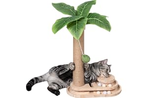 Meowoou 17.7" Tall Cat Scratching Post with Dangling Ball Sisal Cat Scratchers for Indoor Cats Modern Kitten Toys Wooden Interactive Trackball 2 Layer