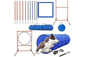 Kvittra Dog Agility Training Equipment Set, Puppy Jump Training Obstacle Course Starter Kit Pet Agility Outdoor Games Dog Outdoor Games with Tunnel, Weave Poles, Adjustable Hurdle, Jump Ring