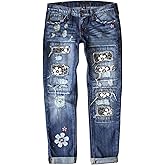 Ripped Boyfriend Jeans for Women Distressed Skinny Denim with Holes Plaid Patchwork Design Stretch Comfort Pants